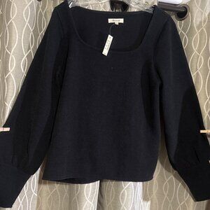 NWT Madewell square neck ribbed pullover sweater balloon sleeve black large dark